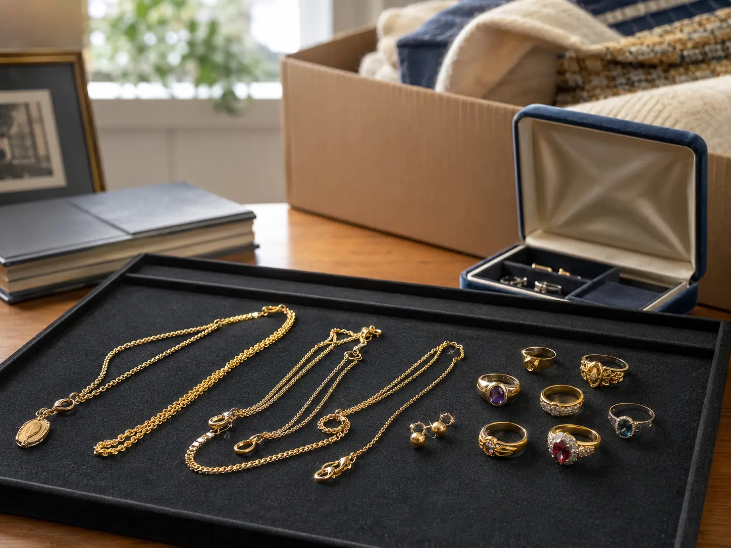 遺品整理で見つかった指輪やネックレスなどのジュエリーを確認するイメージ