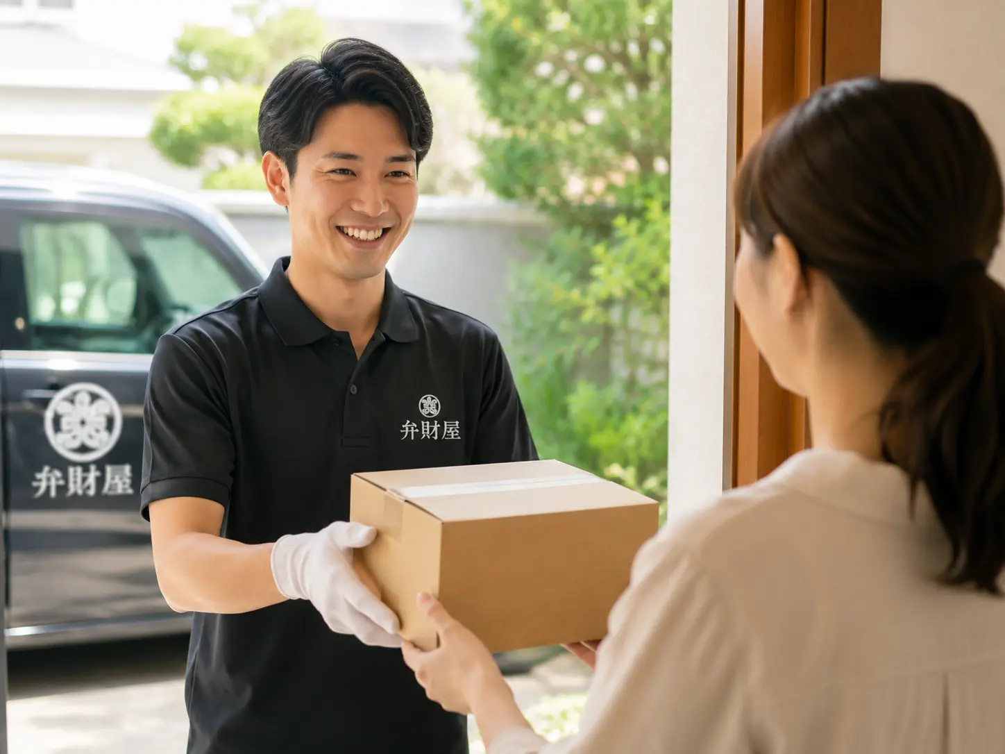 玄関先で荷物を受け取る買取サービスのスタッフ