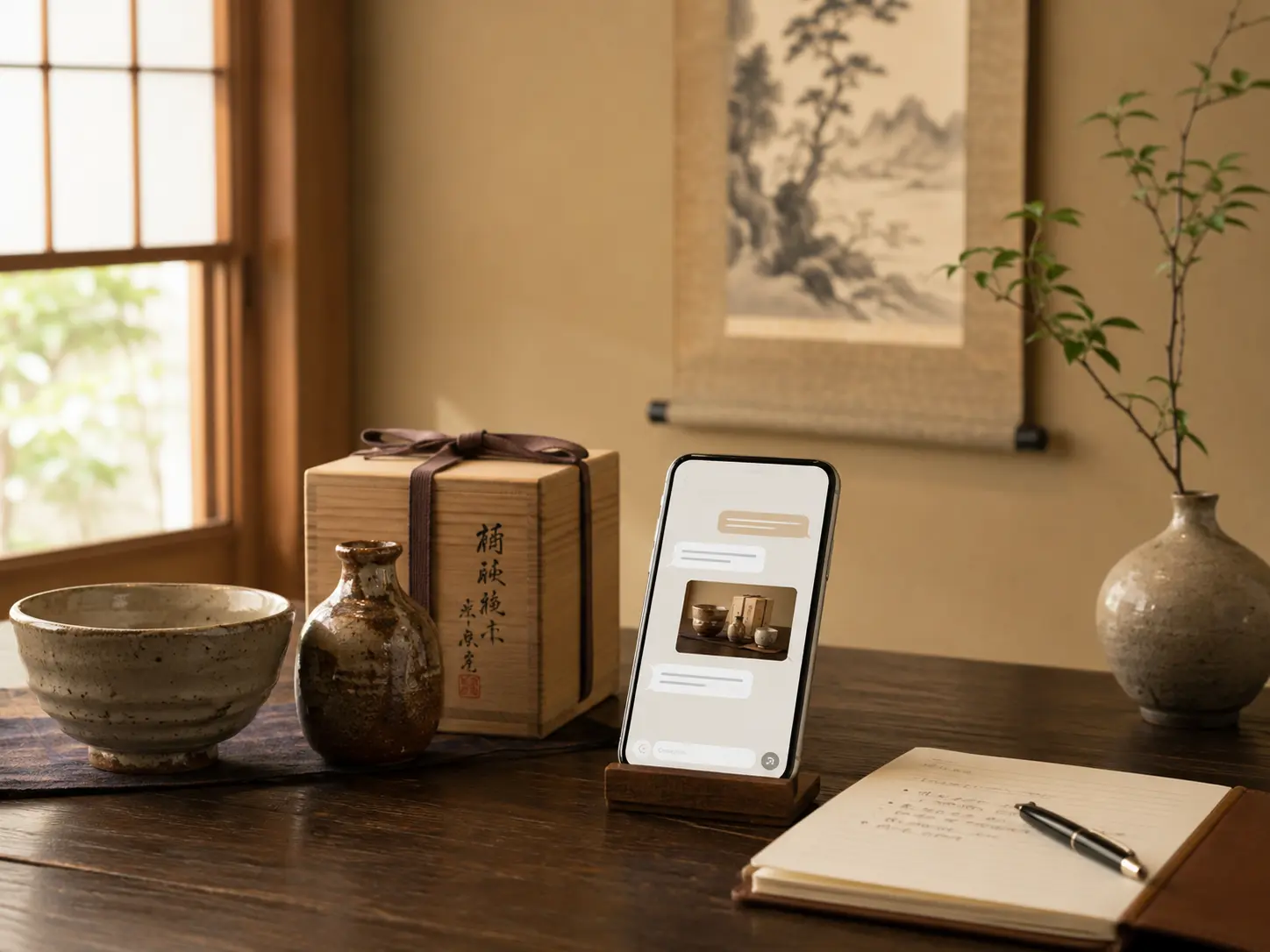 LINEで骨董品の写真相談をする様子をイメージした和風の静物