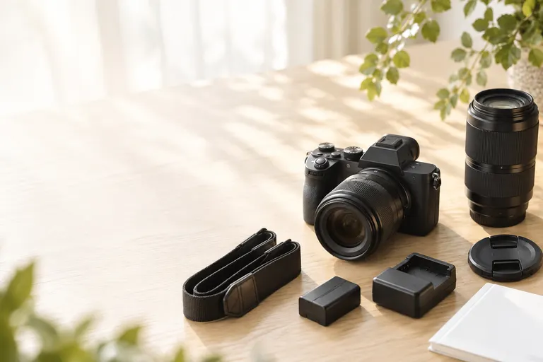 カメラ本体とレンズ、付属品を机に並べた写真