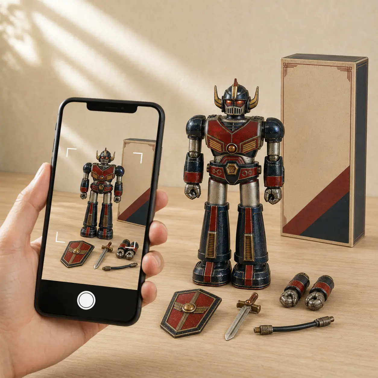 スマートフォンでロボット玩具と付属品を撮影して相談するイメージ