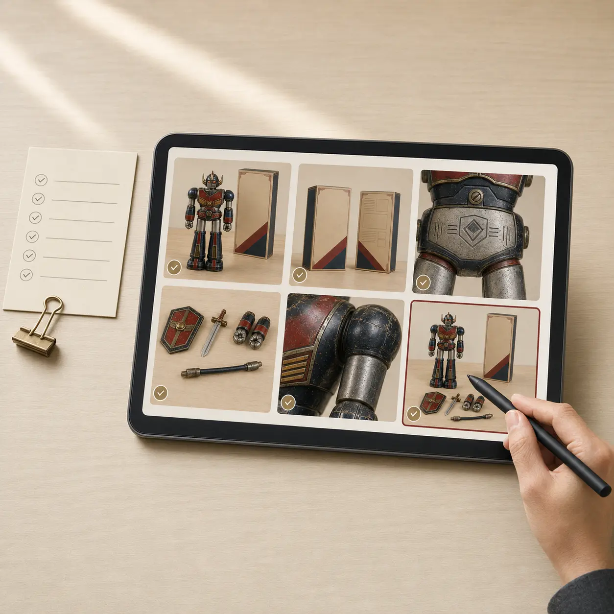 送られた玩具の写真と状態をタブレットで確認するイメージ