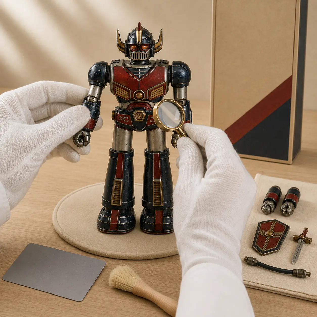 ロボット玩具の状態をルーペで確認する査定イメージ