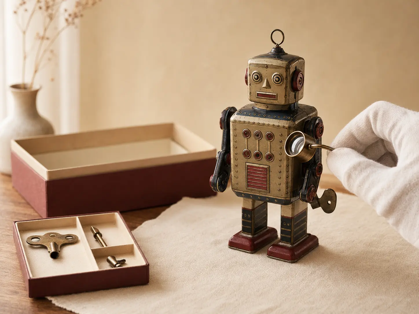 白手袋とルーペで古いロボット玩具を確認するイメージ