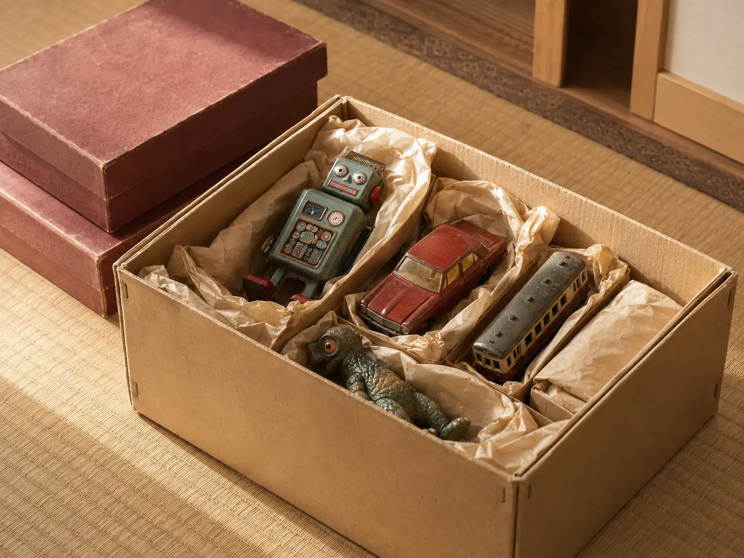 実家整理で見つかった古い玩具を箱にまとめたイメージ