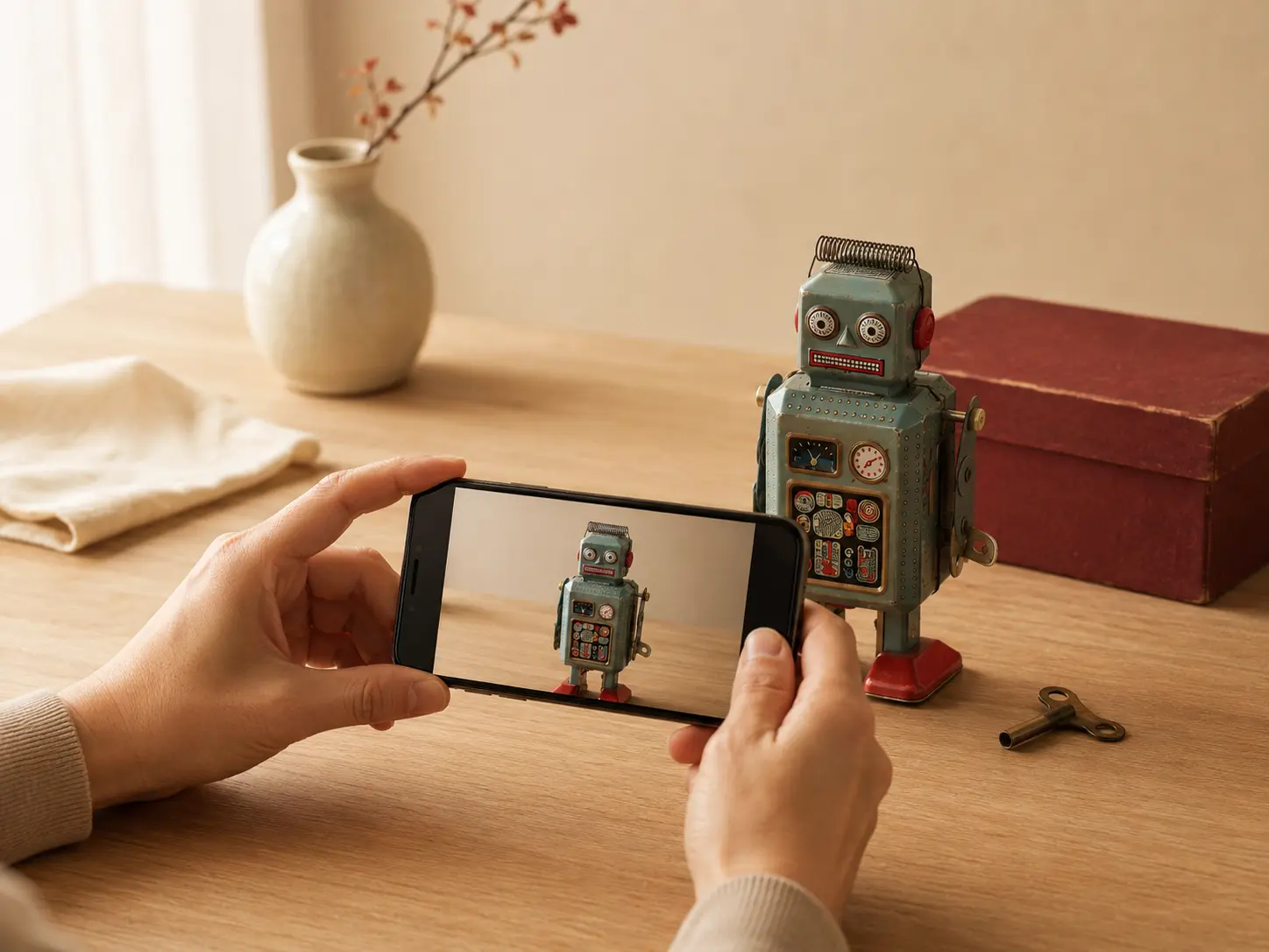 古いロボット玩具をスマートフォンで撮影して相談するイメージ
