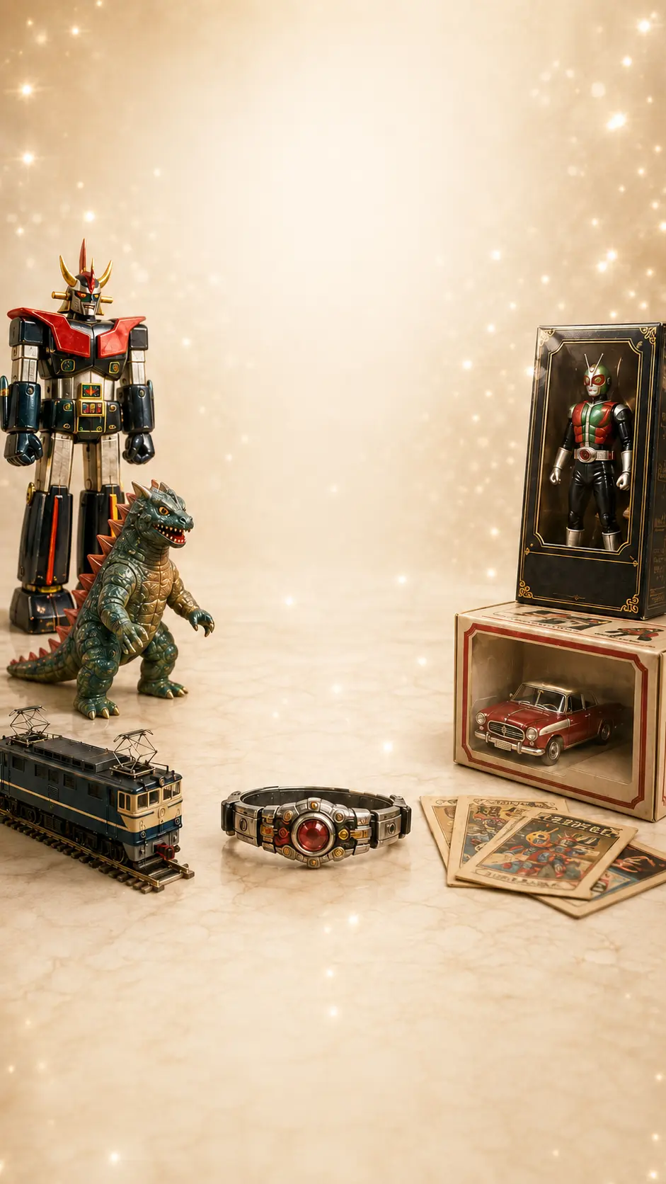 超合金・ソフビ・箱付きフィギュアなど高価おもちゃの査定相談をイメージした静物