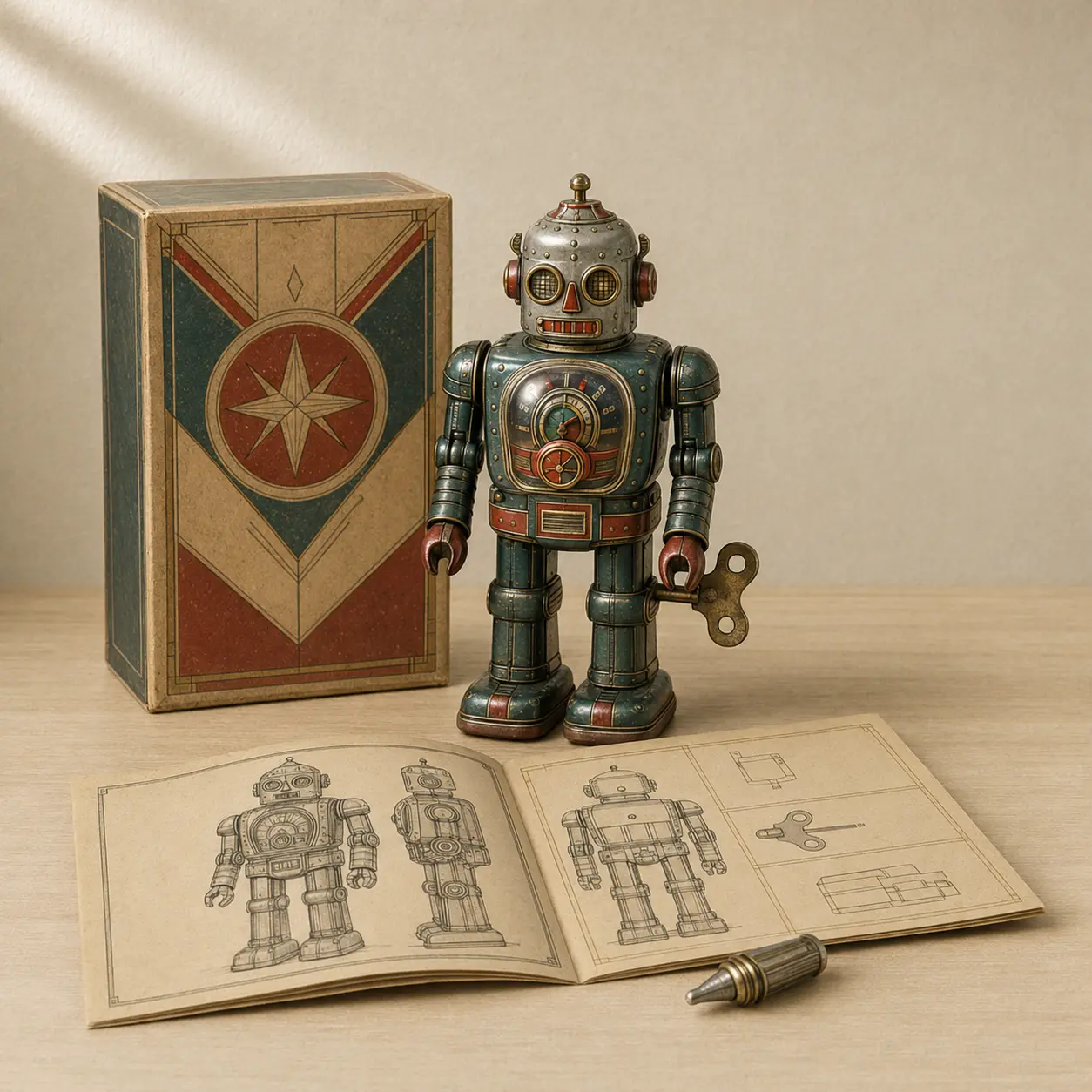 絶版・廃盤品を想定した古いロボット玩具と乗り物玩具のイメージ