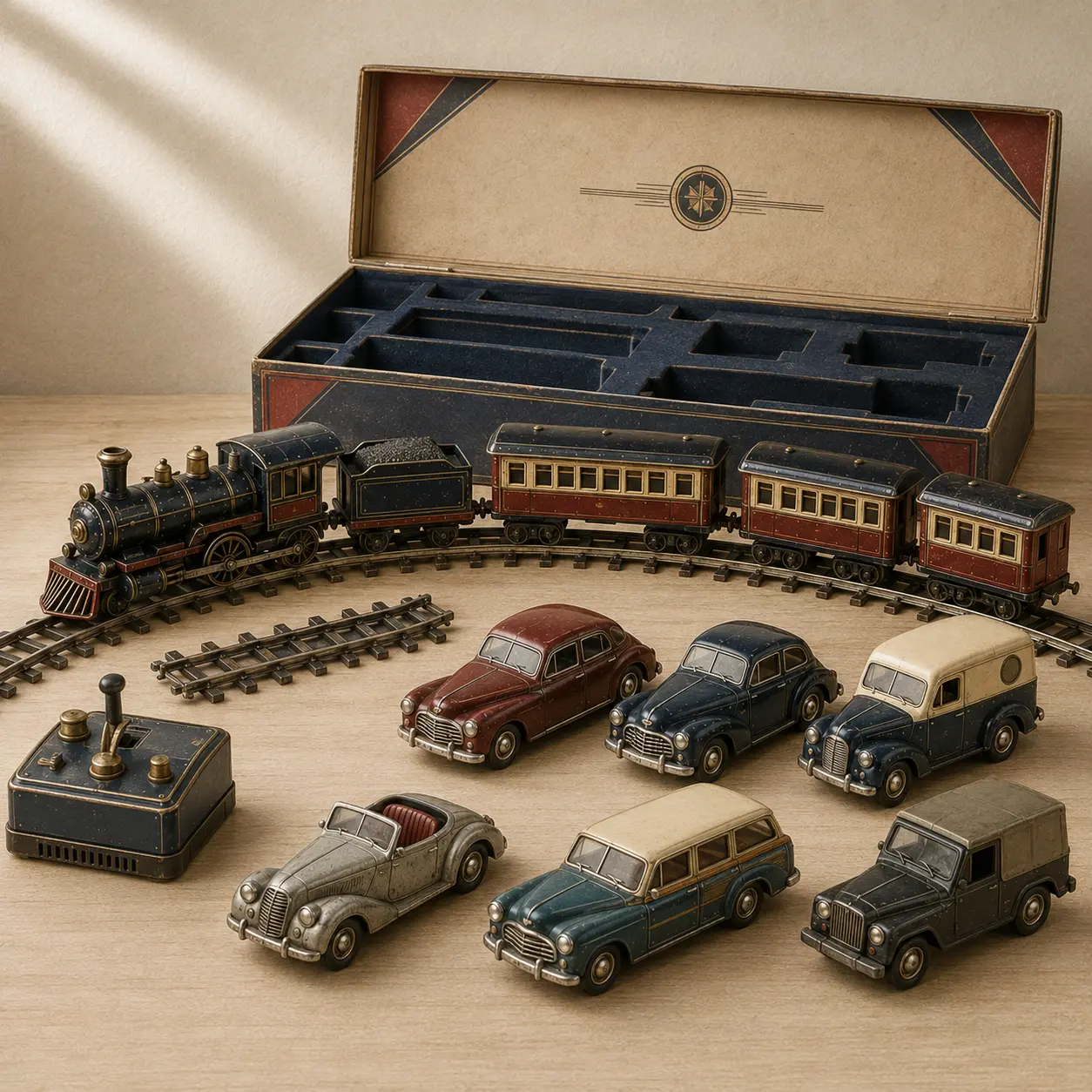 鉄道模型とミニカーがまとまったセットのイメージ