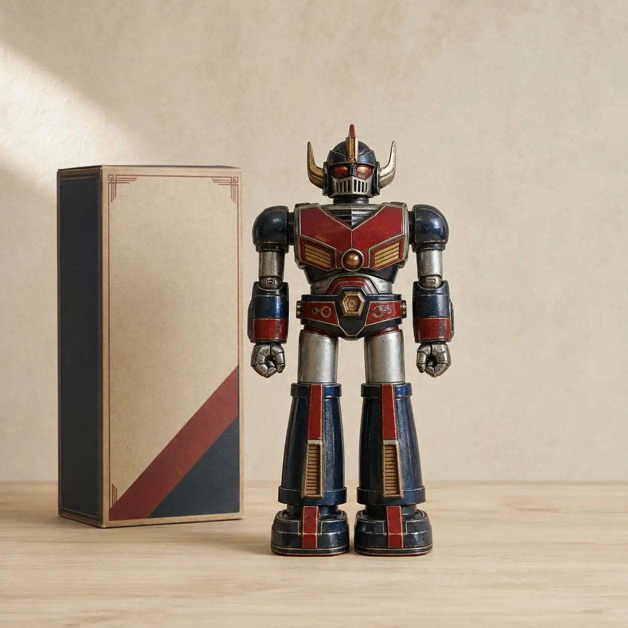 箱と一緒に撮影したロボット玩具全体の写真例
