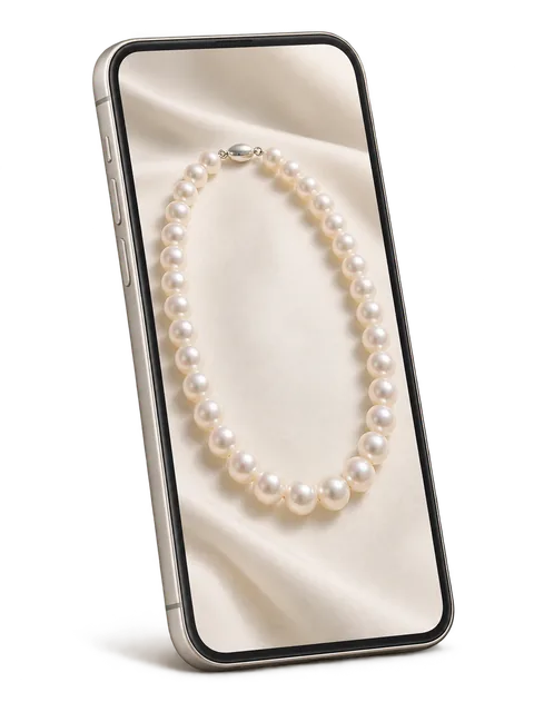 真珠の写真を表示したスマートフォンの説明用イラスト