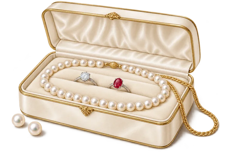 真珠のネックレス、ダイヤと赤い宝石の指輪、金のチェーンを一緒に収めた宝石箱のイメージイラスト