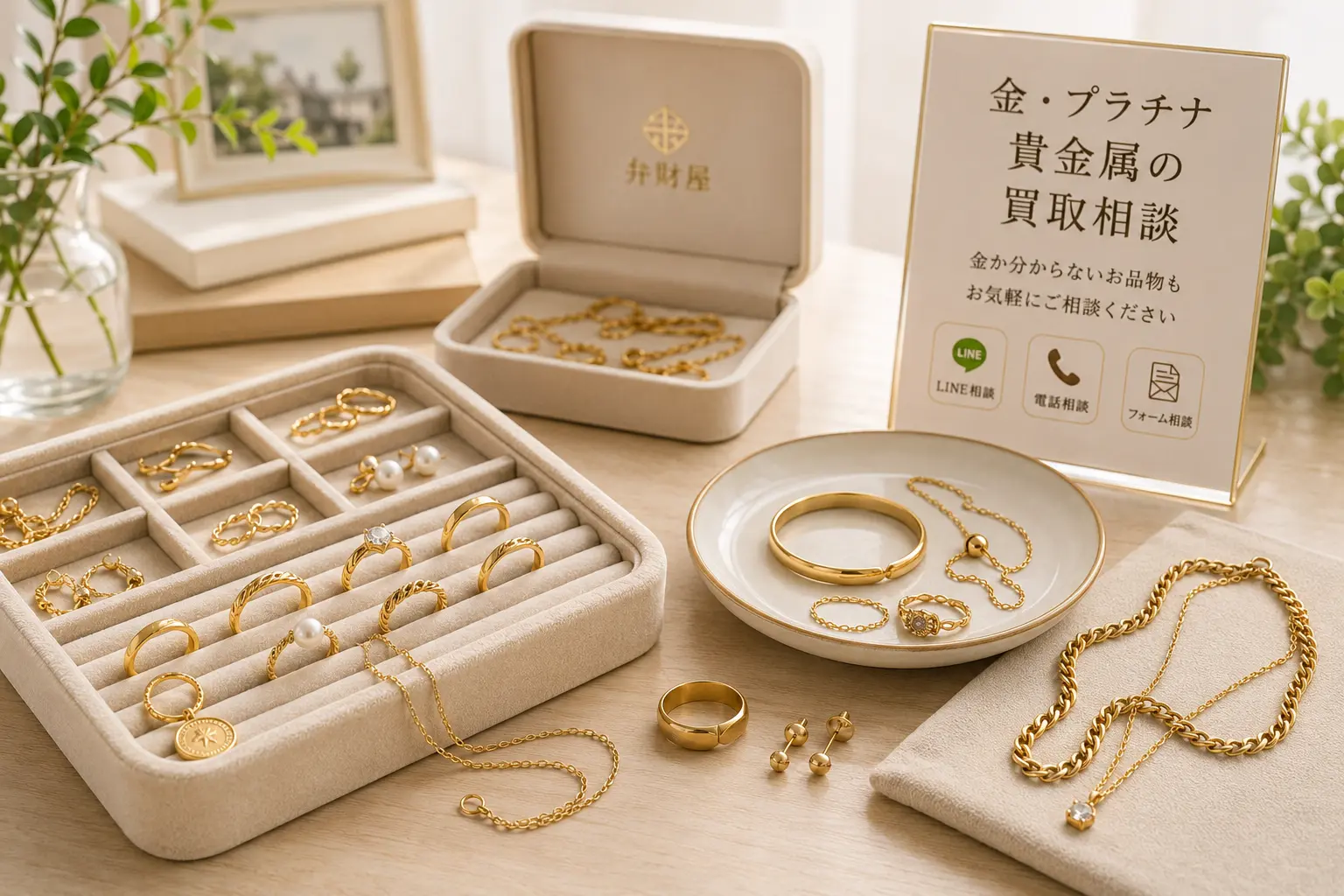 処分前の貴金属相談をイメージした指輪とアクセサリーの静物