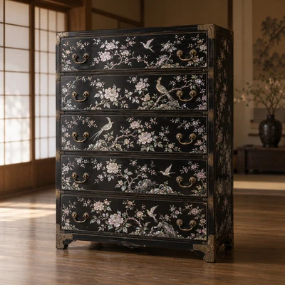 花鳥の螺鈿細工が施された黒漆の箪笥