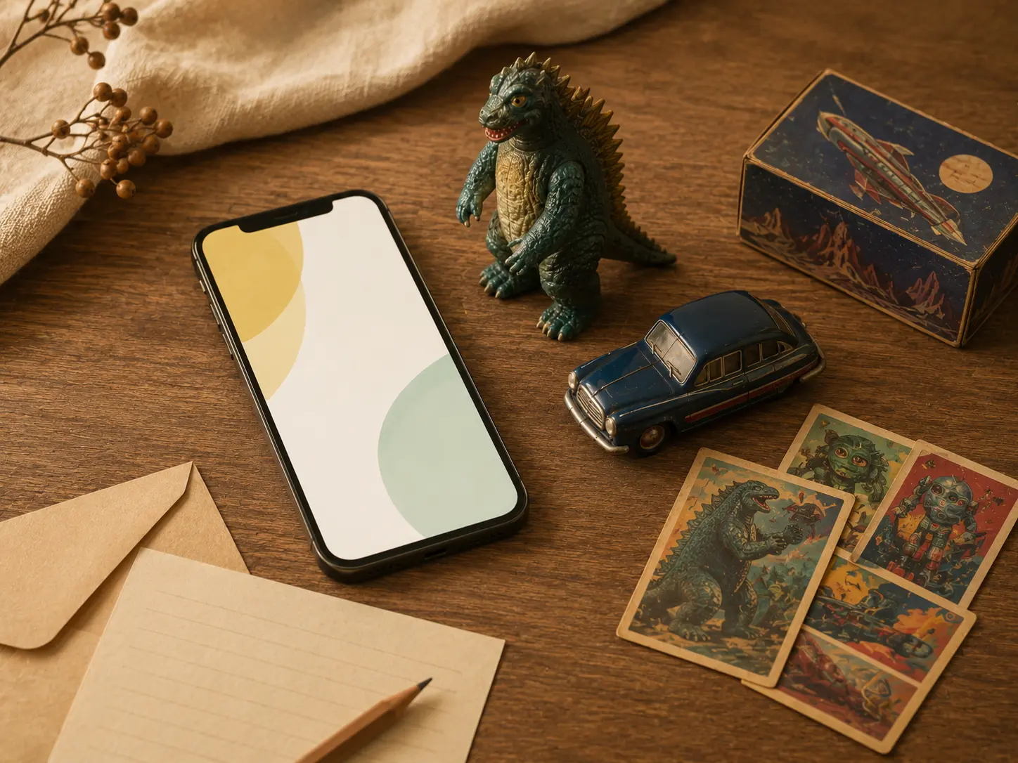レトロ玩具の写真相談をイメージしたスマートフォンと古いおもちゃの静物