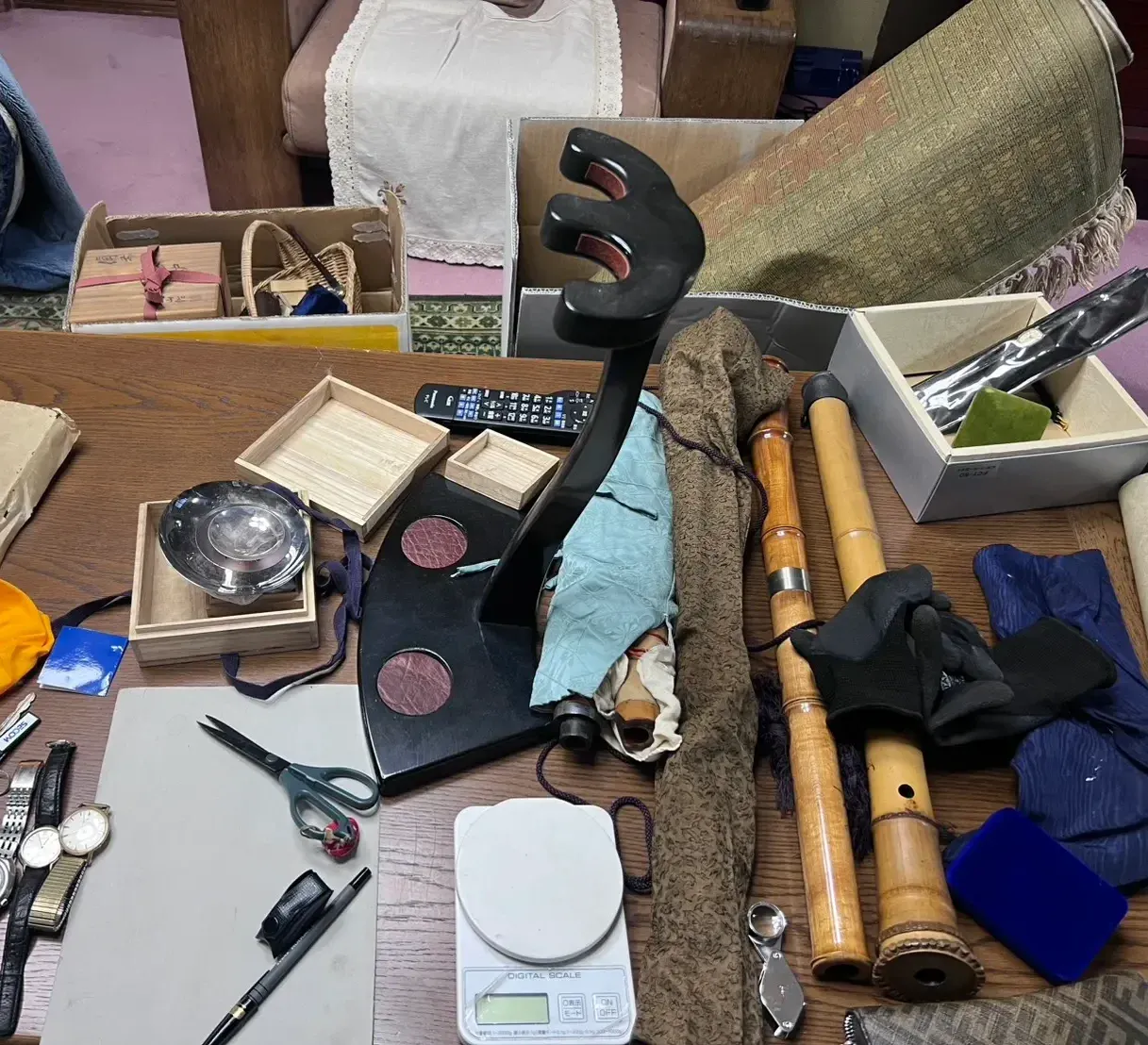 山田新町でご相談いただいた和楽器・時計・貴金属・古道具などのまとめ買取品